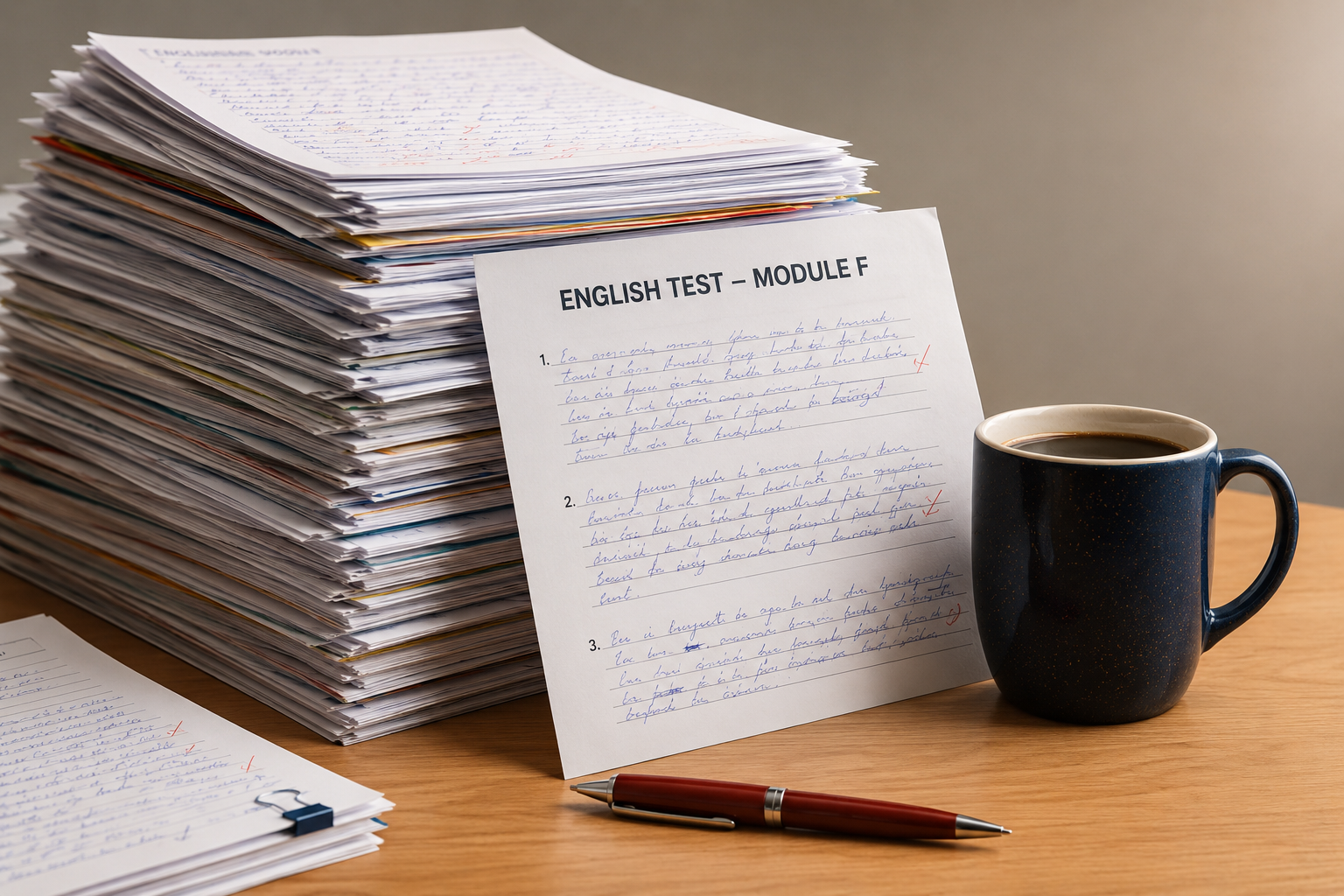 A tall stack of handwritten English Bagrut exam papers on a desk with a coffee mug and a red pen