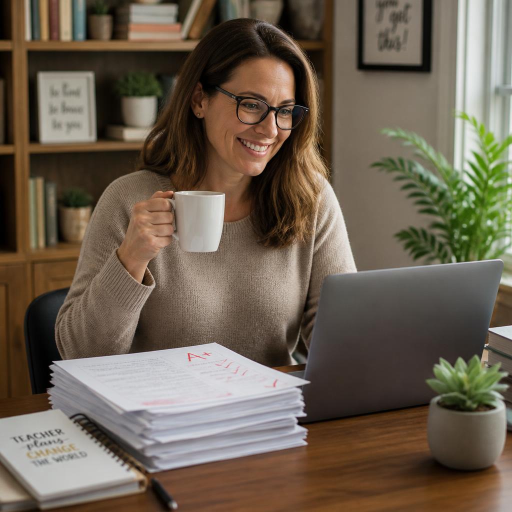A smiling teacher at her desk with a laptop, graded exam papers, and a coffee mug
